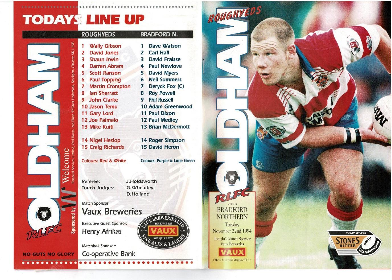 Programme cover: Oldham v Bradford Northern, 22 November 1994