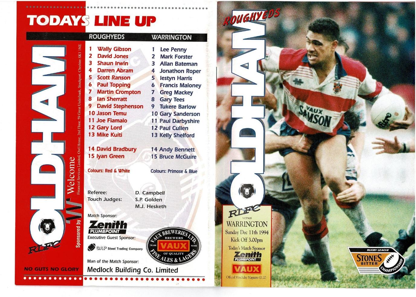 Programme cover: Oldham v Warrington, 11 December 1994