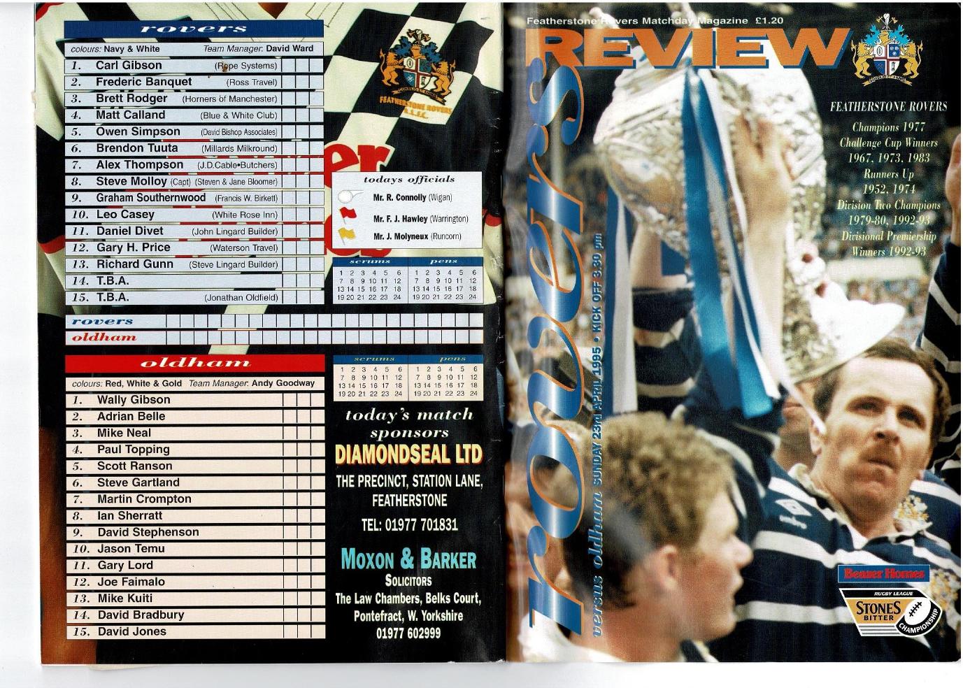 Programme cover: Oldham v Featherstone Rovers, 23 April 1995