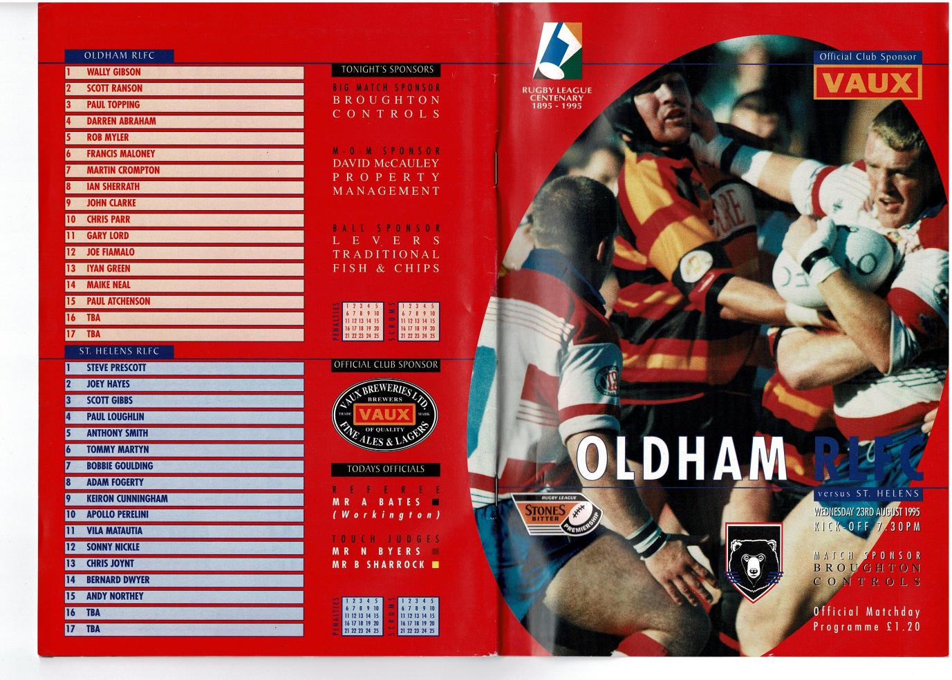 Programme cover: Oldham v St Helens, 23 August 1995