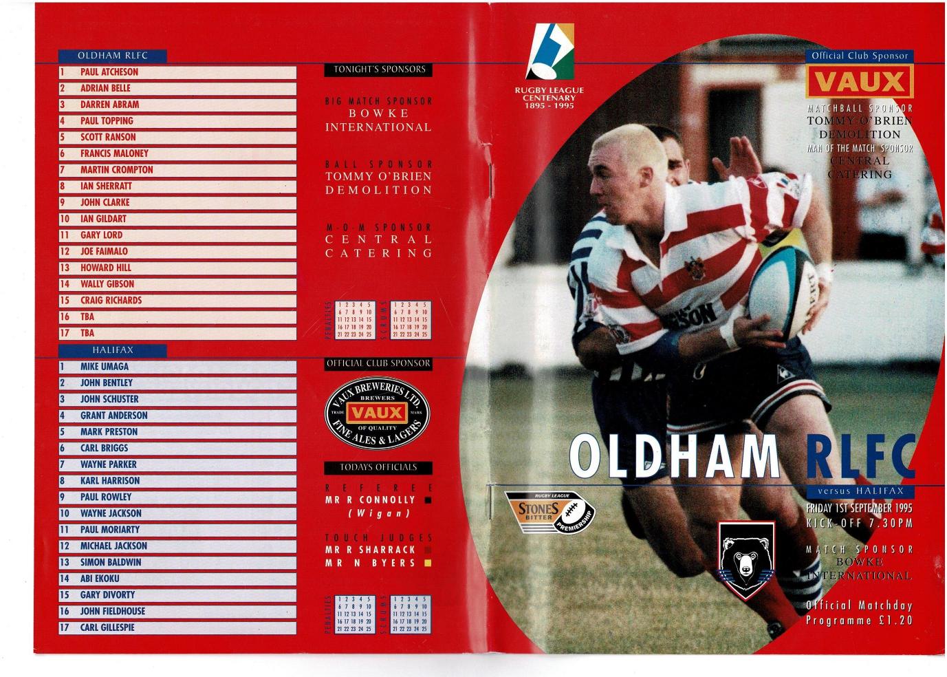 Programme cover: Oldham v Halifax, 1 September 1995