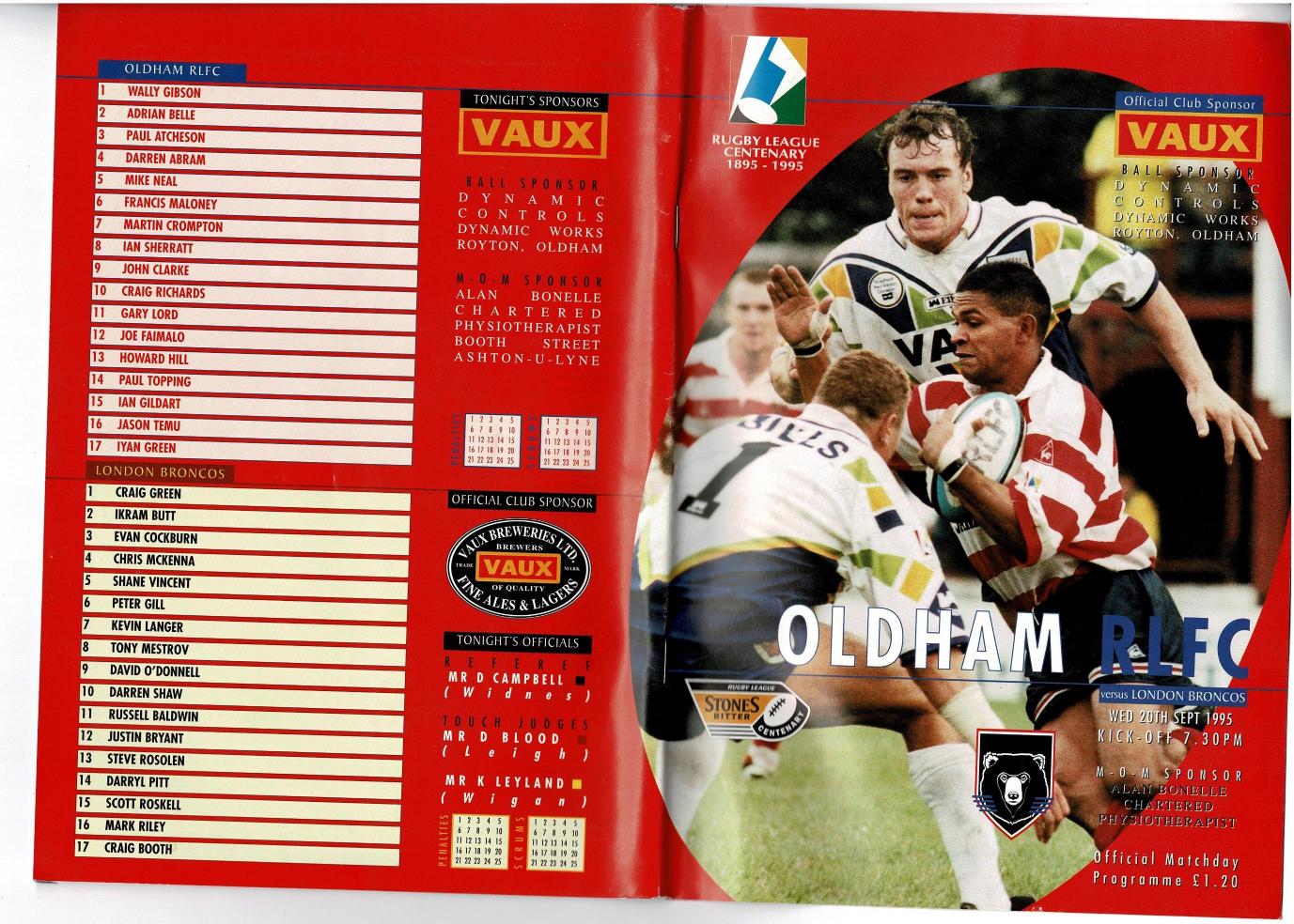 Programme cover: Oldham v London Broncos, 20 September 1995