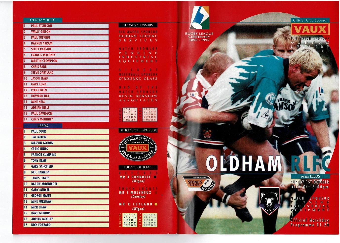 Programme cover: Oldham v Leeds, 1 October 1995