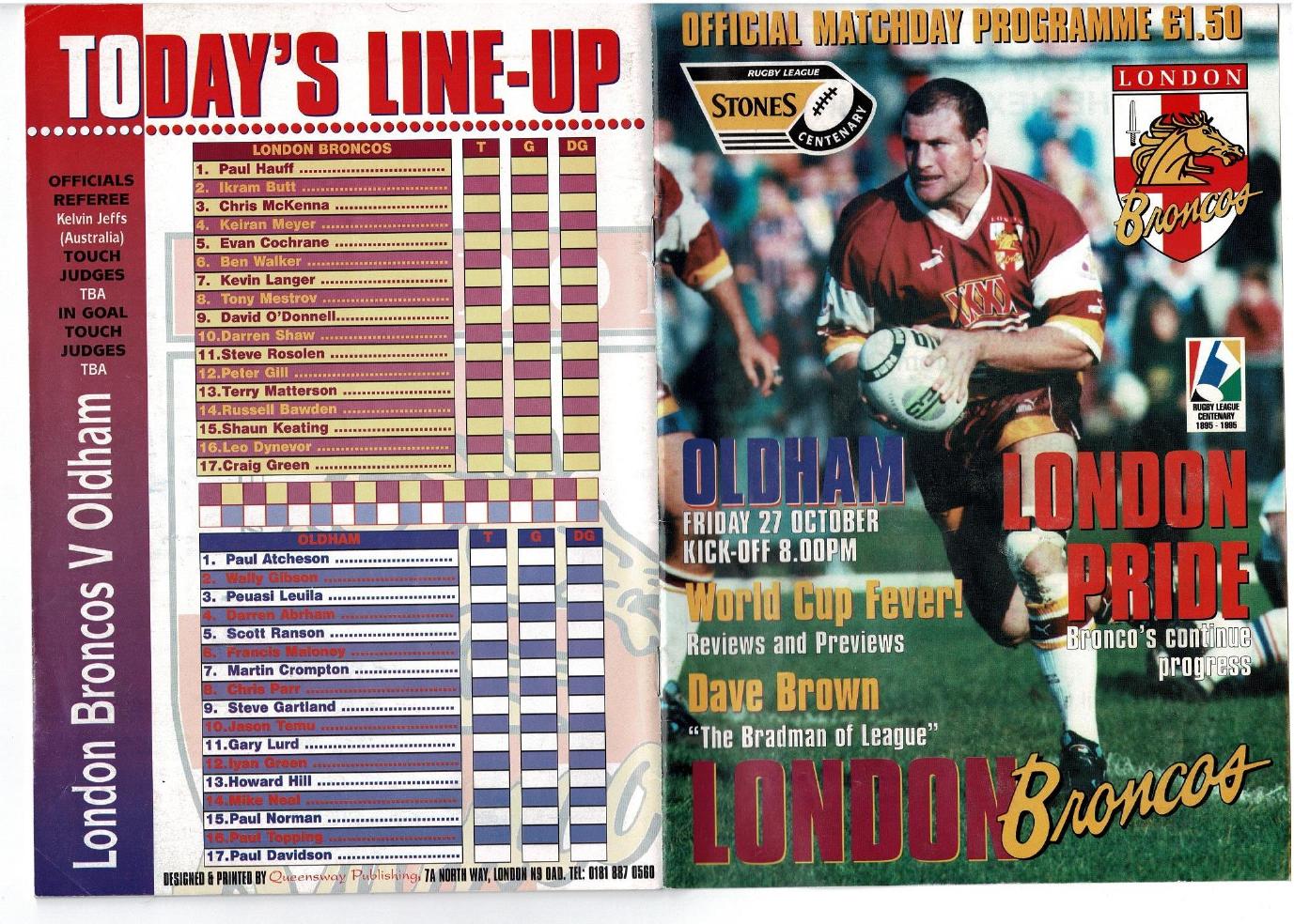 Programme cover: Oldham v London Broncos, 27 October 1995