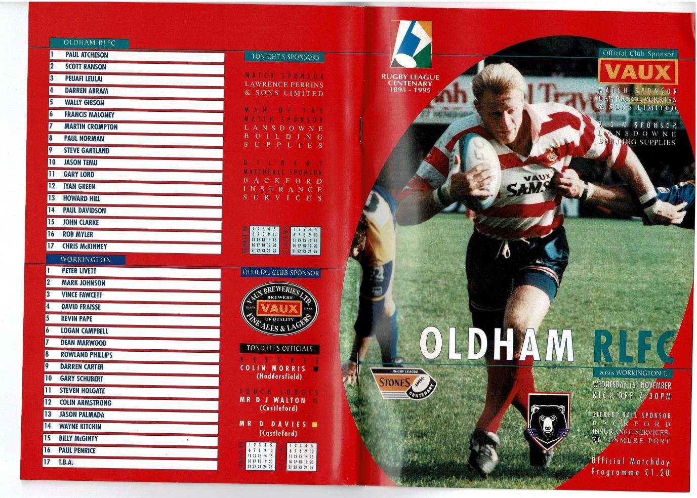 Programme cover: Oldham v Workington Town, 1 November 1995