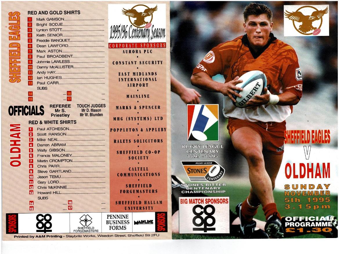 Programme cover: Oldham v Sheffield Eagles, 5 November 1995