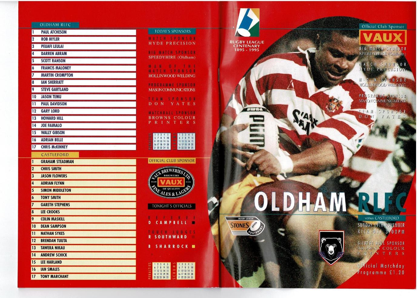 Programme cover: Oldham v Castleford, 19 November 1995