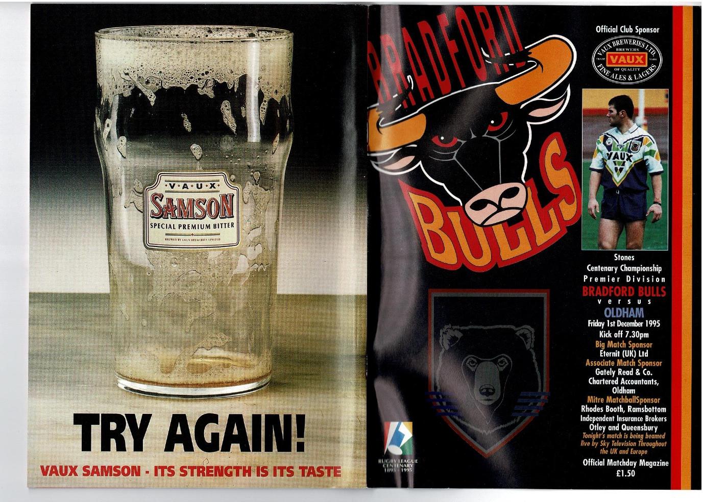 Programme cover: Oldham v Bradford Bulls, 1 December 1995