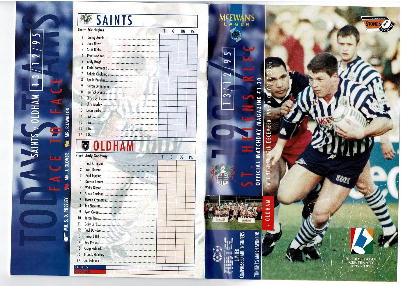 Programme cover: Oldham v St Helens, 13 December 1995