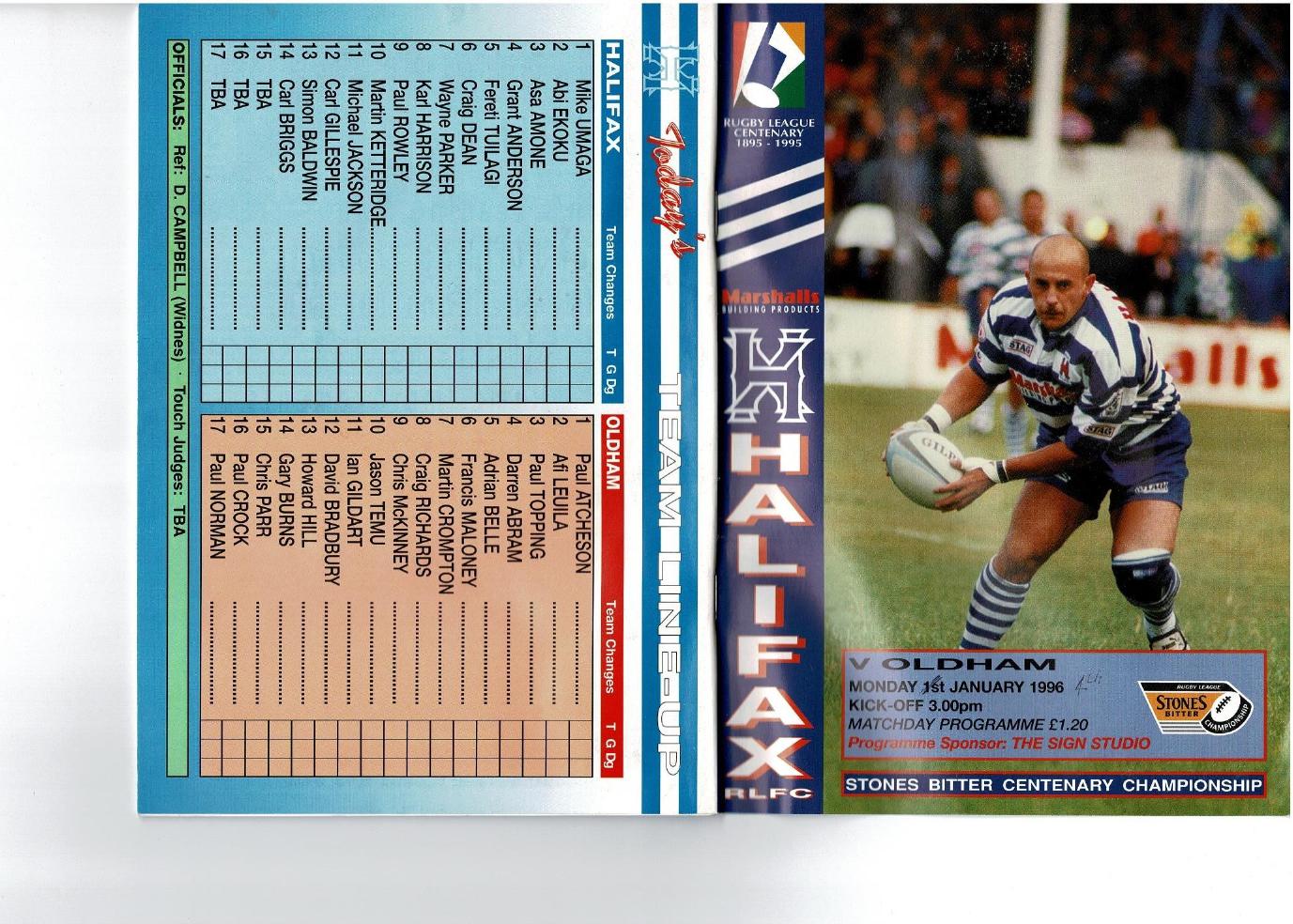 Programme cover: Oldham v Halifax, 4 January 1996