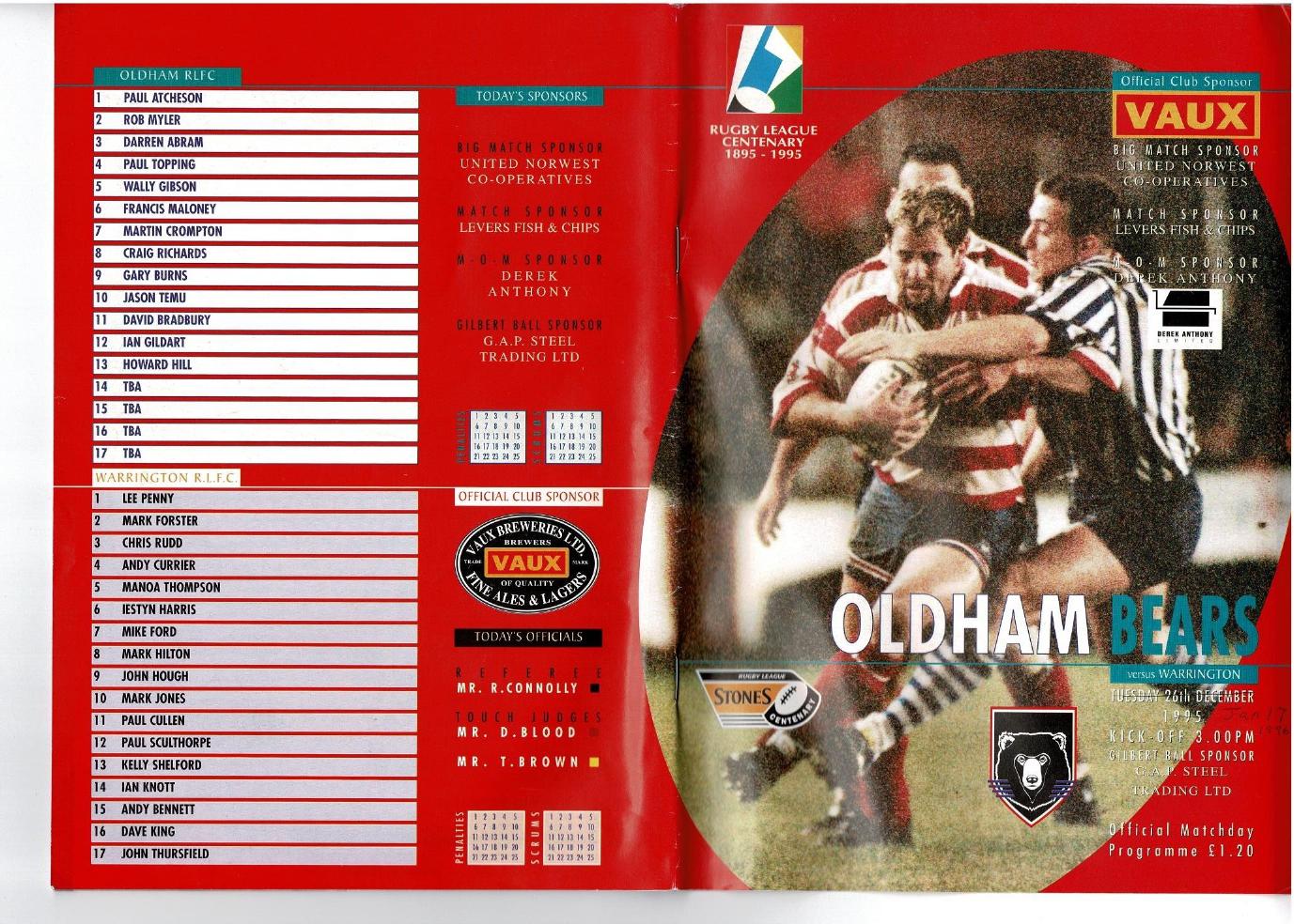 Programme cover: Oldham v Warrington, 17 January 1996