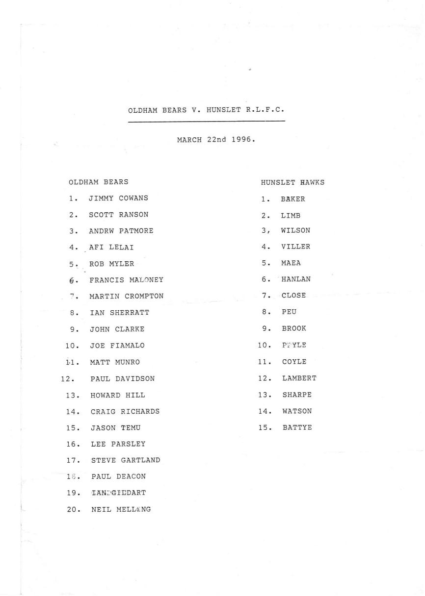 Programme cover: Oldham Bears v Hunslet, 22 March 1996