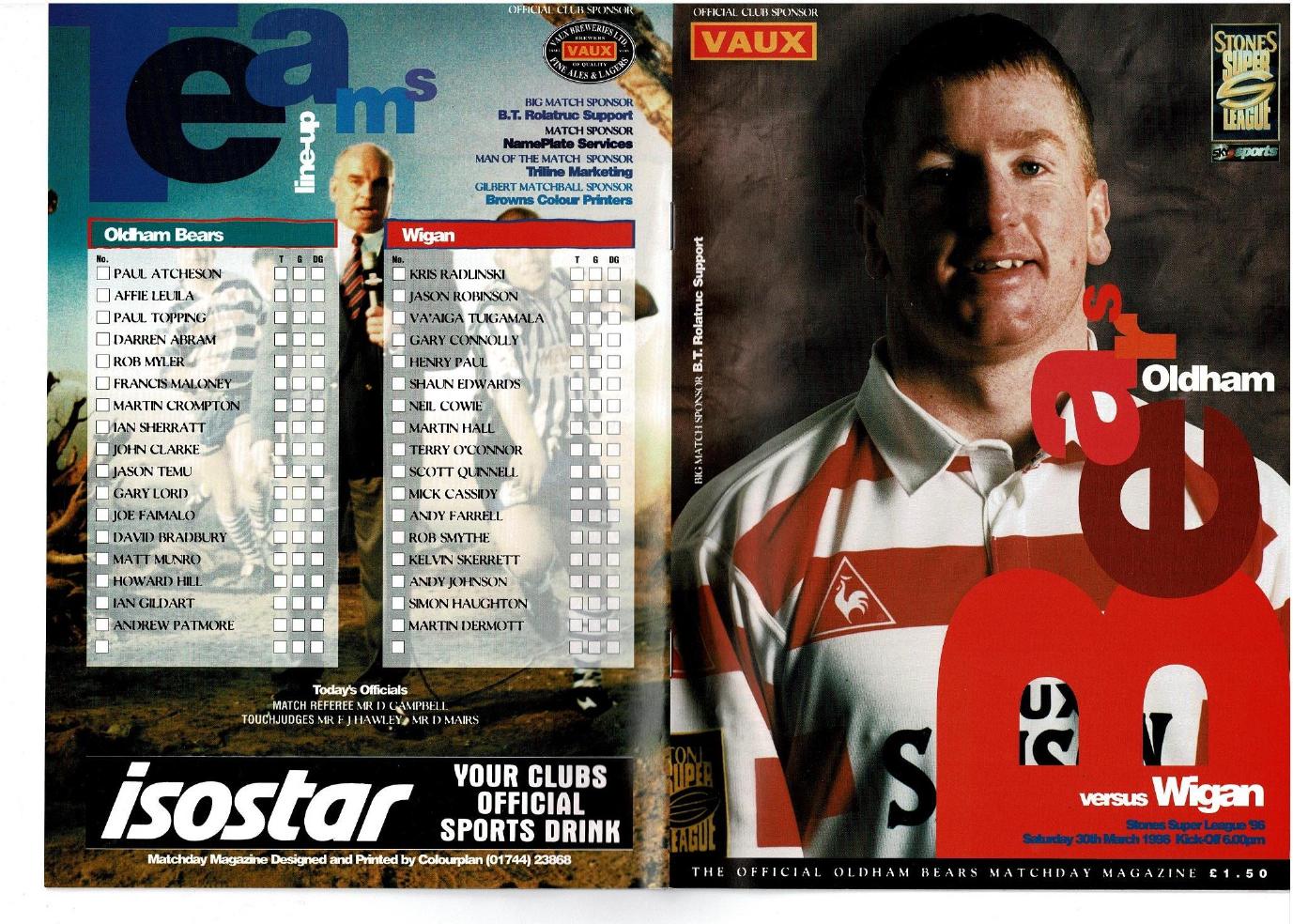 Programme cover: Oldham Bears v Wigan, 30 March 1996