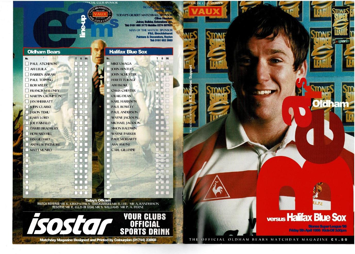 Programme cover: Oldham Bears v Halifax, 5 April 1996