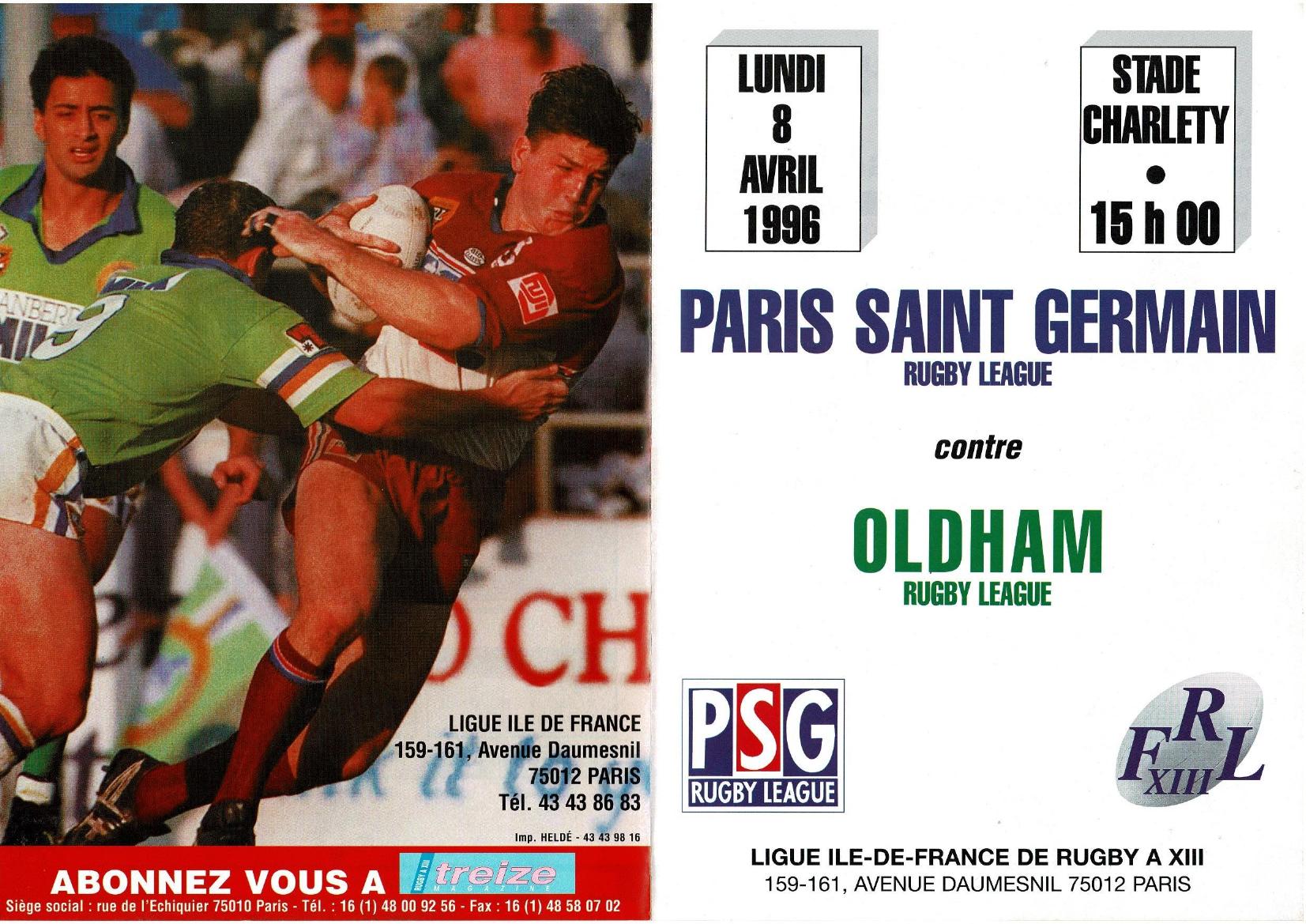 Programme cover: Oldham Bears v Paris St Germain, 8 April 1996