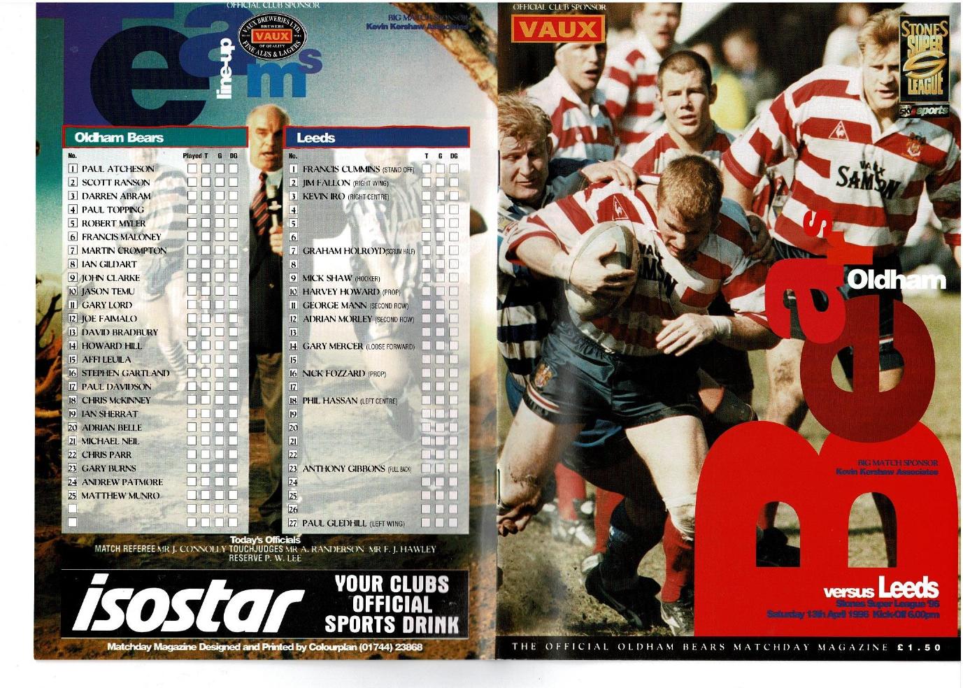 Programme cover: Oldham Bears v Leeds Rhinos, 13 April 1996