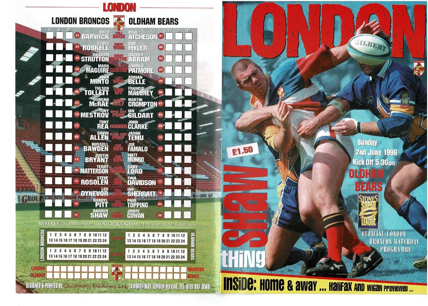 Programme cover: Oldham Bears v London Broncos, 2 June 1996