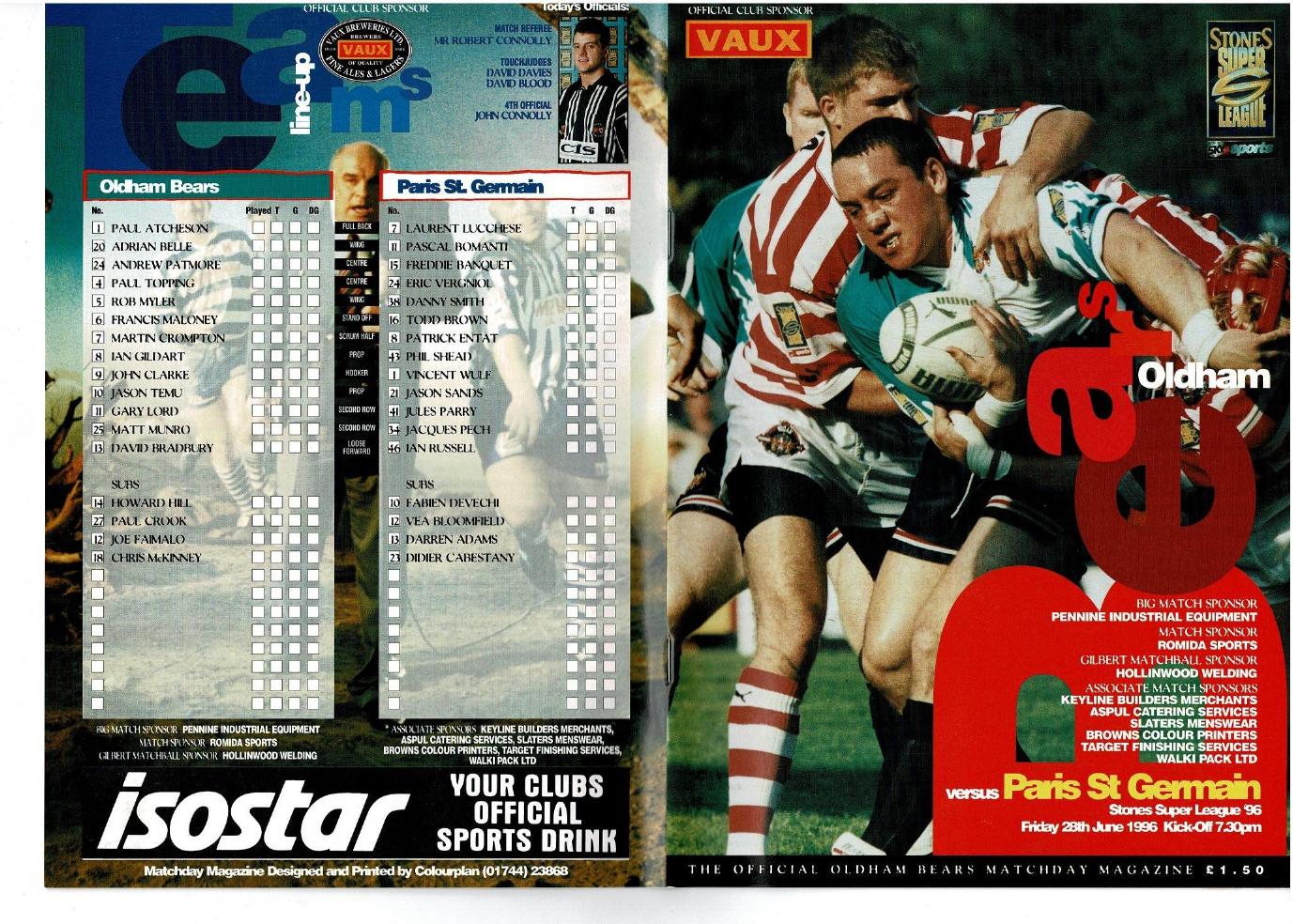 Programme cover: Oldham Bears v Paris St Germain, 28 June 1996