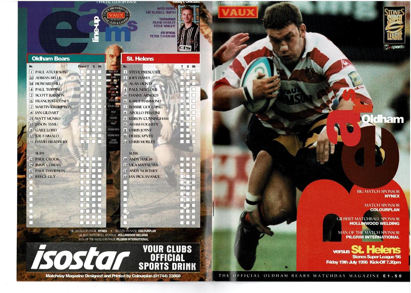 Programme cover: Oldham Bears v St Helens, 19 July 1996