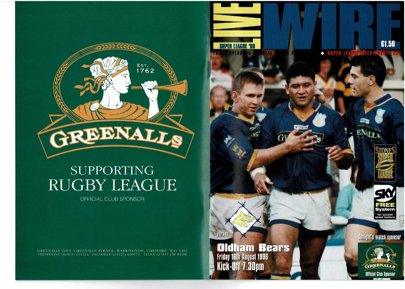 Programme cover: Oldham Bears v Warrington, 16 August 1996