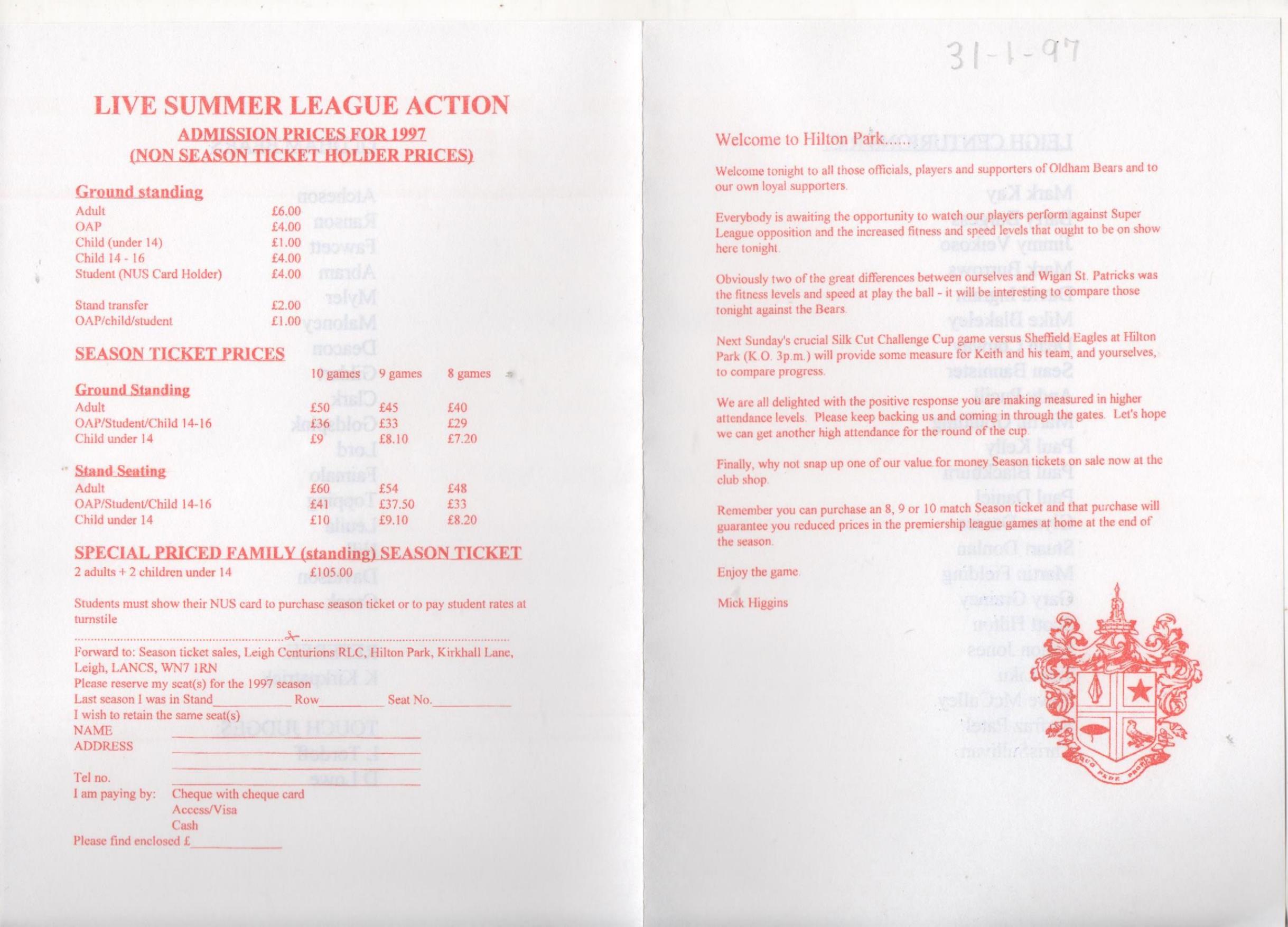 Programme cover: Oldham Bears v Leigh, 31 January 1997