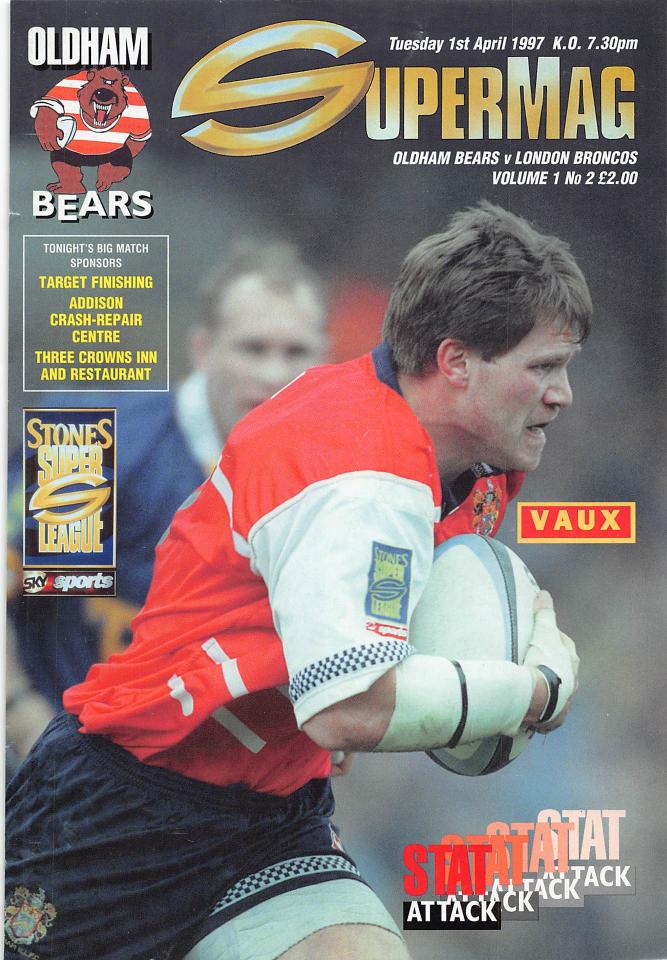 Programme cover: Oldham Bears v London Broncos, 1 April 1997