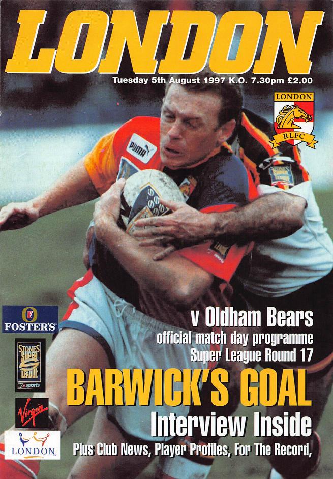 Programme cover: Oldham Bears v London Broncos, 5 August 1997