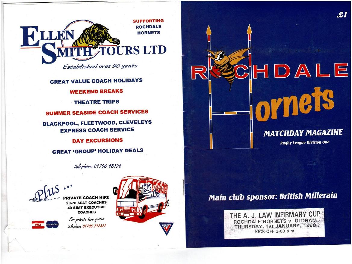 Programme cover: Oldham v Rochdale Hornets, 1 January 1998