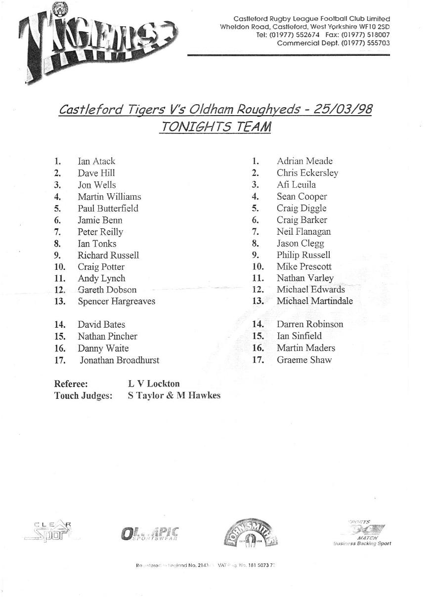 Programme cover: Oldham v Castleford Tigers, 25 March 1998