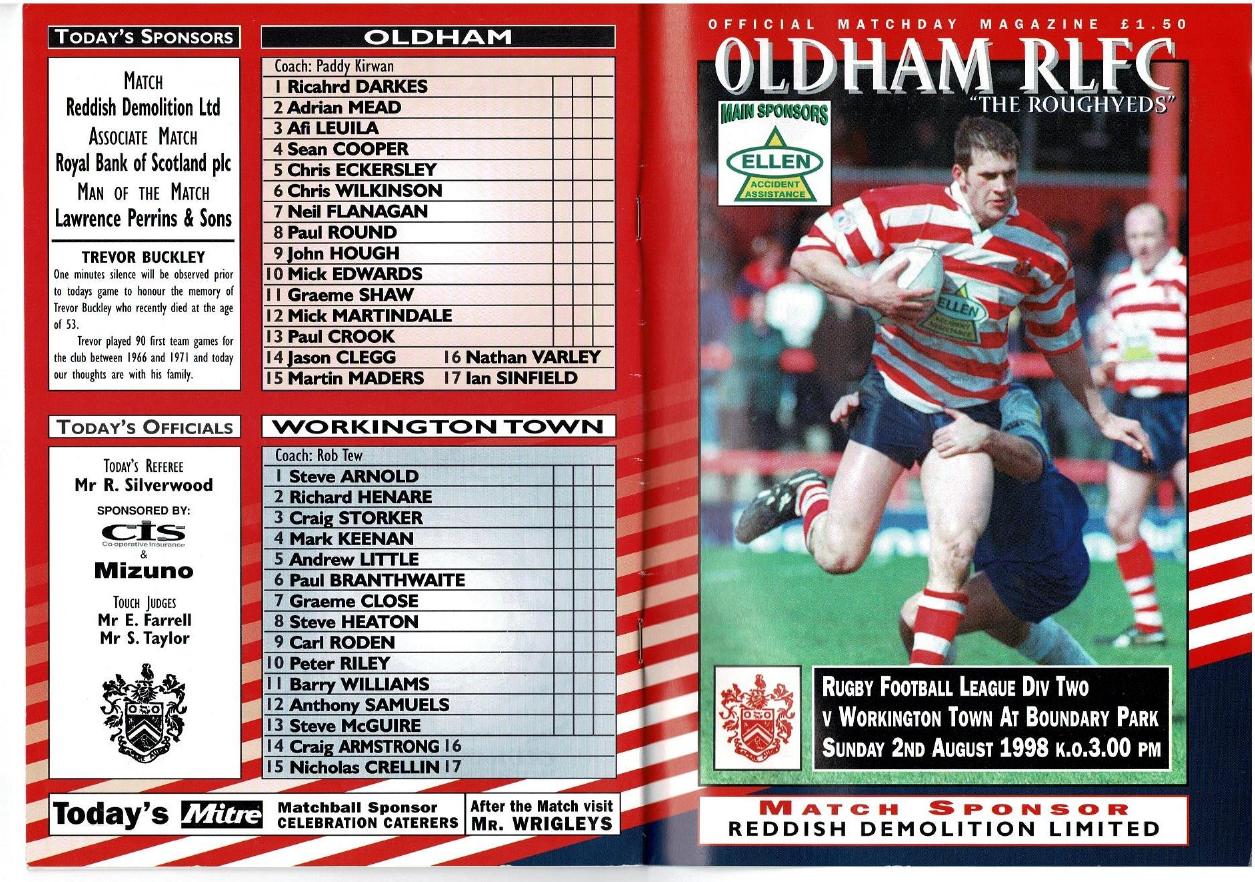 Programme cover: Oldham v Workington Town, 2 August 1998