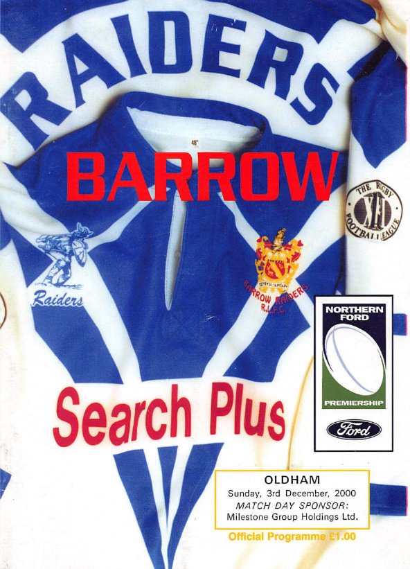 Programme cover: Oldham v Barrow Raiders, 3 December 2000