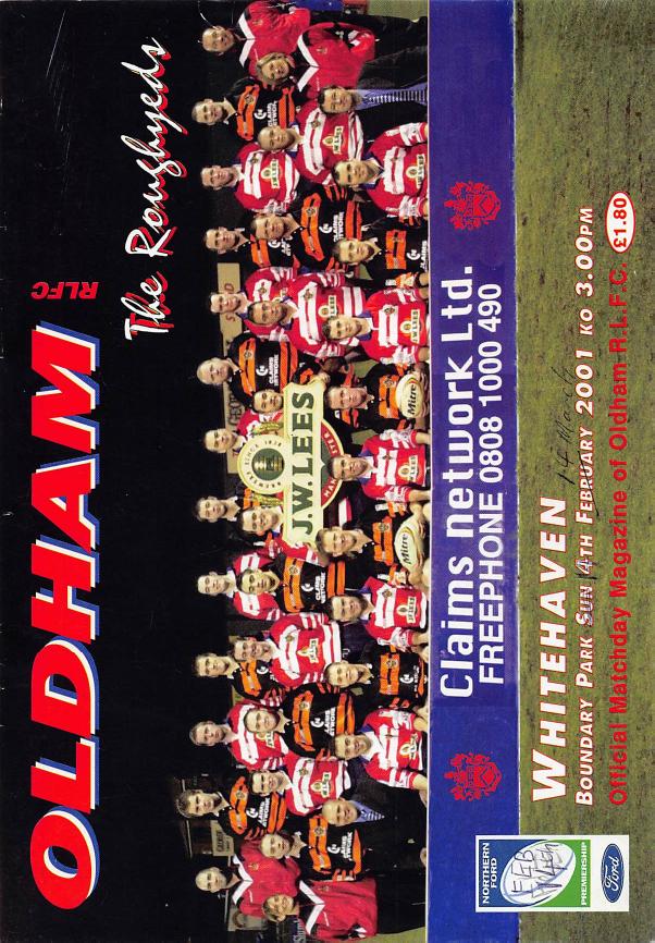 Programme cover: Oldham v Whitehaven Warriors, 14 March 2001