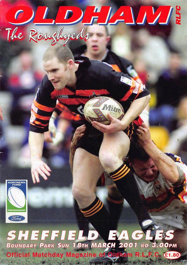 Programme cover: Oldham v Sheffield Eagles, 18 March 2001