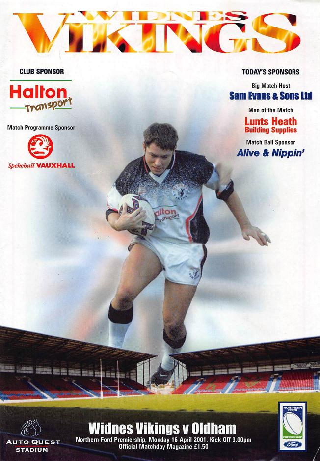 Programme cover: Oldham v Widnes Vikings, 16 April 2001