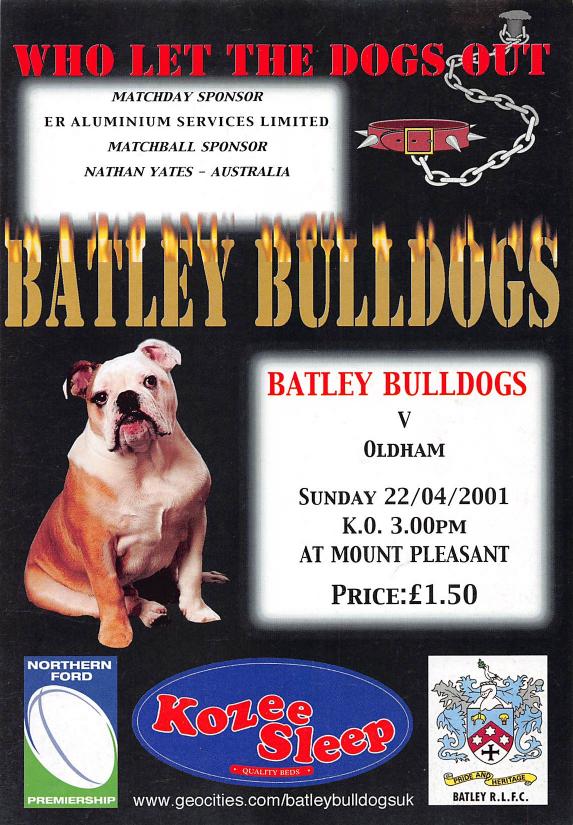 Programme cover: Oldham v Batley Bulldogs, 22 April 2001