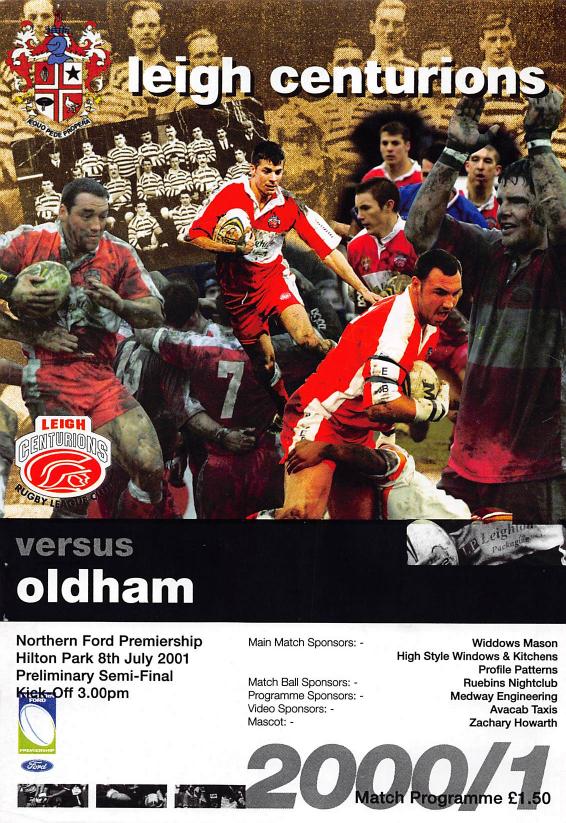 Programme cover: Oldham v Leigh Centurions, 8 July 2001