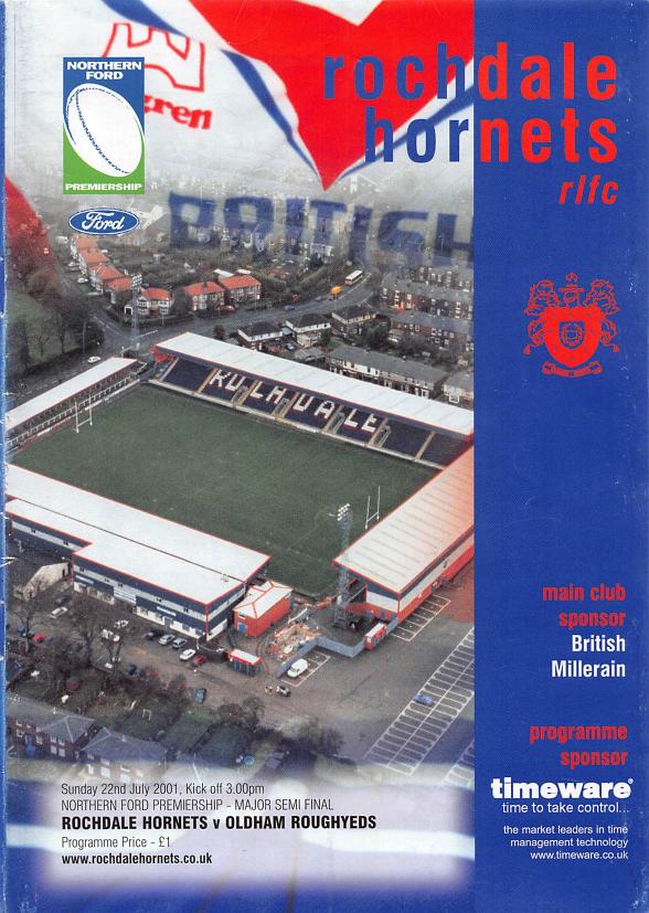 Programme cover: Oldham v Rochdale Hornets, 22 July 2001