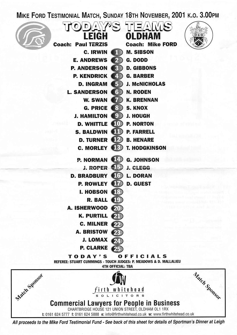 Programme cover: Oldham v Leigh Centurions, 18 November 2001