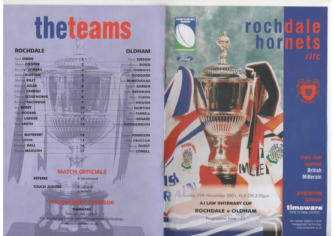 Programme cover: Oldham v Rochdale Hornets, 25 November 2001