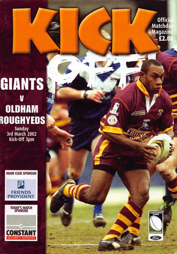Programme cover: Oldham v Huddersfield Giants, 3 March 2002
