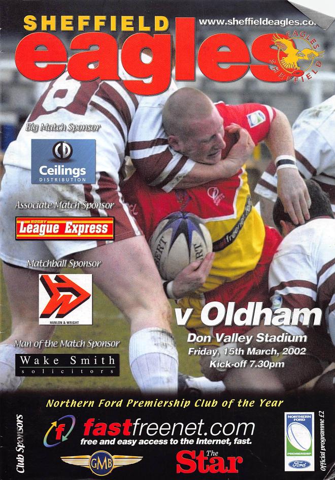 Programme cover: Oldham v Sheffield Eagles, 15 March 2002