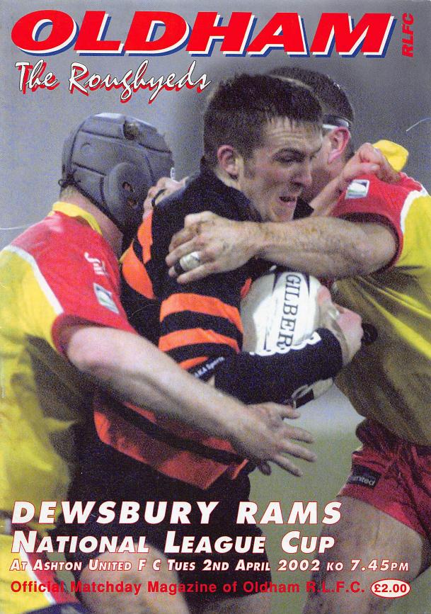Programme cover: Oldham v Dewsbury Rams, 2 April 2002