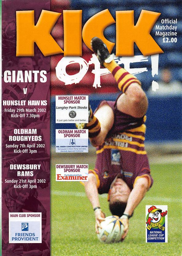 Programme cover: Oldham v Huddersfield Giants, 7 April 2002
