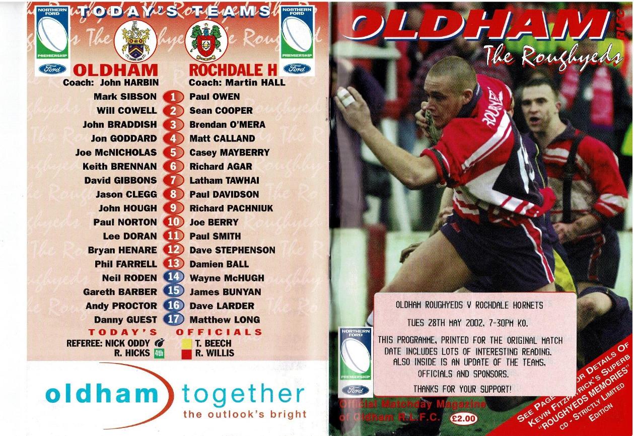 Programme cover: Oldham v Rochdale Hornets, 28 May 2002