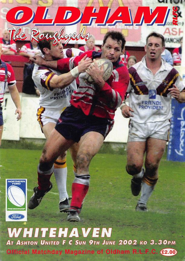 Programme cover: Oldham v Whitehaven Warriors, 9 June 2002