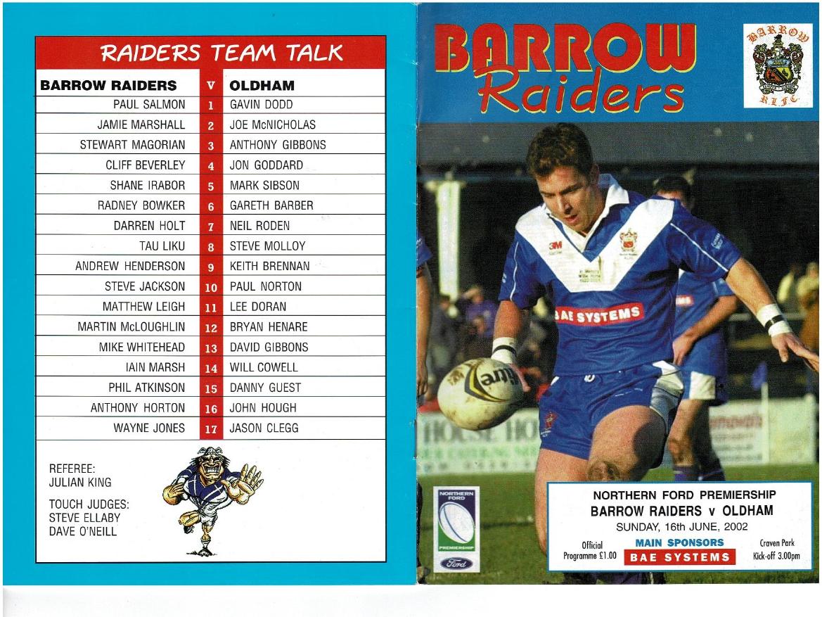 Programme cover: Oldham v Barrow Raiders, 16 June 2002