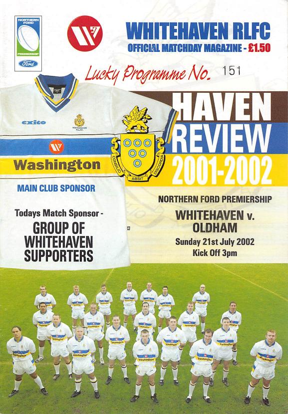 Programme cover: Oldham v Whitehaven Warriors, 21 July 2002