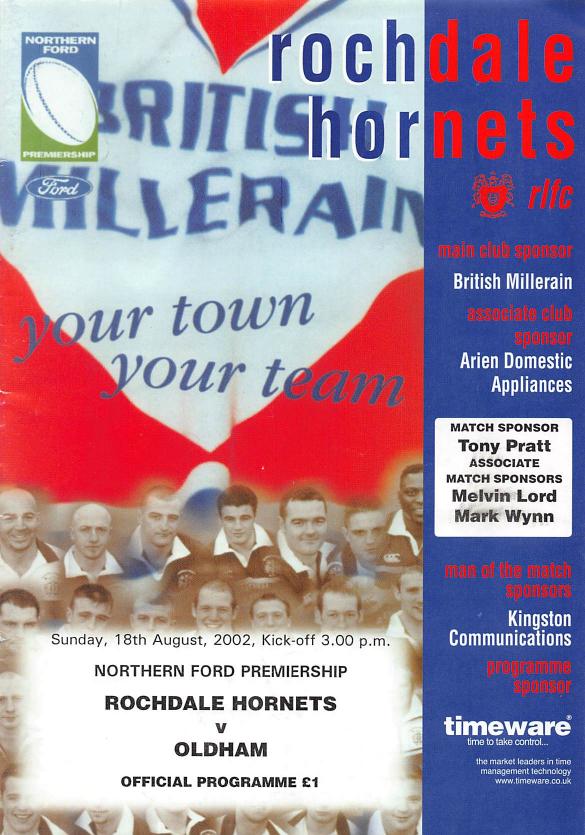Programme cover: Oldham v Rochdale Hornets, 18 August 2002