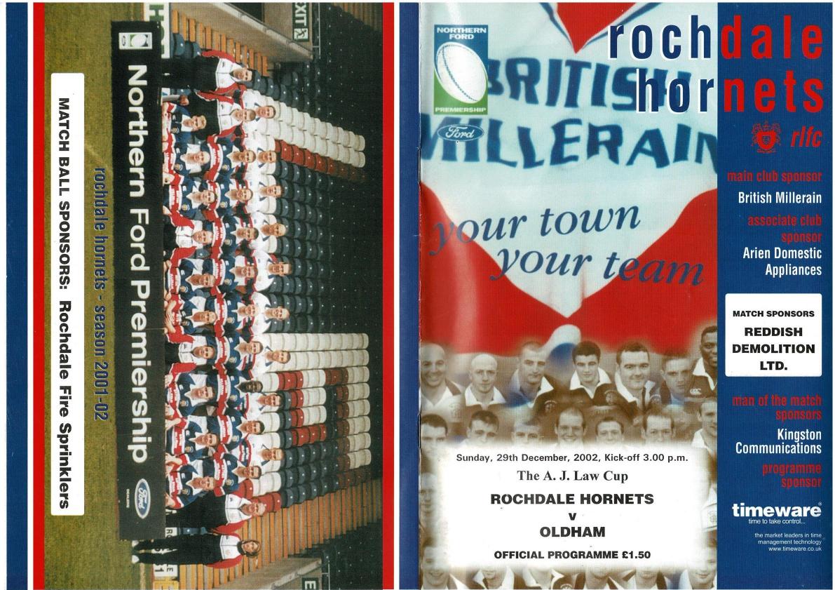 Programme cover: Oldham v Rochdale Hornets, 29 December 2002