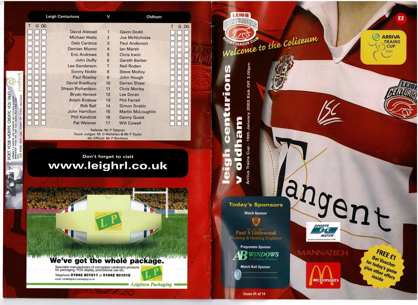 Programme cover: Oldham v Leigh Centurions, 19 January 2003